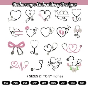 Nurse Embroidery Designs , Stethoscope Heart Embroidery Set - 7 Sizes (Digital Download)