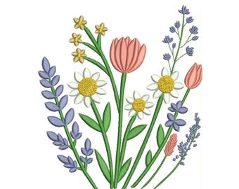 Spring Wildflower Bouquet | Embroidered Tulip Flowers | Floral Embroidery Design
