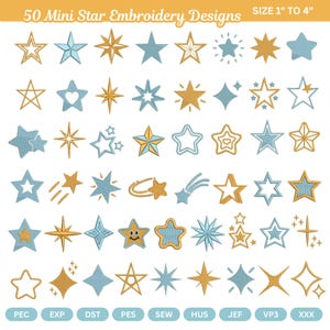 Può includere: Una collezione digitale di 50 ricami a forma di mini stella in tonalità blu e oro, con dimensioni da 2,54 cm a 10,16 cm. Il set include varie forme di stelle, stelle cadenti e scintille, con formati di file PEC, EXP, DST, PES, SEW, HUS, JEF, VP3 e XXX.