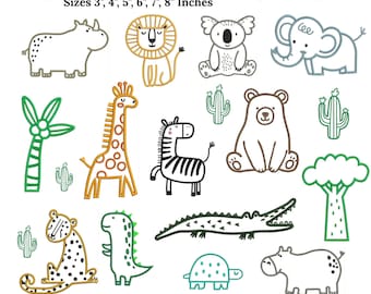 Stickmuster mit Safari-Tieren, Dschungel-Maschinenstickerei, Baby-Dino, Bär, Giraffe (PES DST)