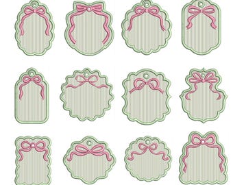 Stickmuster für Taschenanhänger mit Schleife und Muschelkante, Stickrahmen, leere Namensschild-Applikation (digitale Datei)