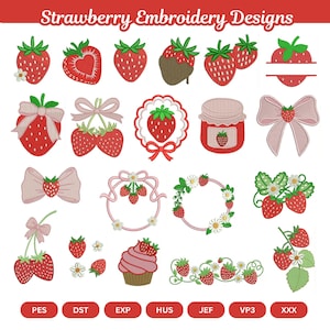 May include: A collection of strawberry embroidery designs featuring various red strawberries, pink bows, floral wreaths, a jam jar, and a cupcake. The text Strawberry Embroidery Designs appears at the top, with file formats listed at the bottom.