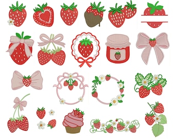 Erdbeer-Stickmuster, Mini-Erdbeeren-Set, digitale Fruchtdateien