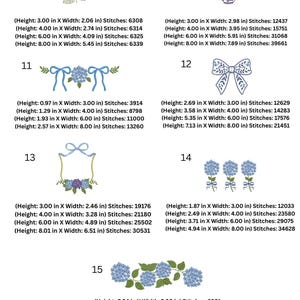 May include: A collection of floral embroidery designs featuring blue hydrangeas. The designs include a single flower, arrangements in vases, bows, and decorative frames. Sizes range from approximately 1 to 8 inches in height.