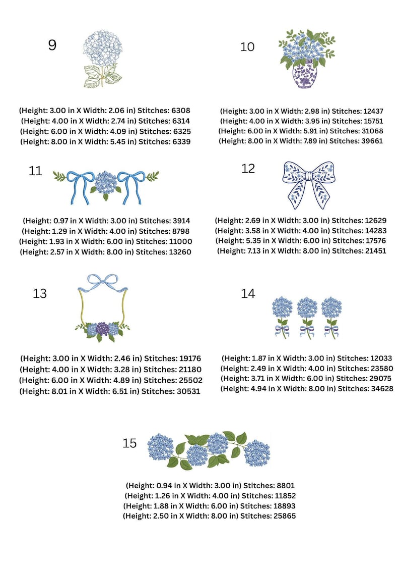 May include: A collection of floral embroidery designs featuring blue hydrangeas. The designs include a single flower, arrangements in vases, bows, and decorative frames. Sizes range from approximately 1 to 8 inches in height.