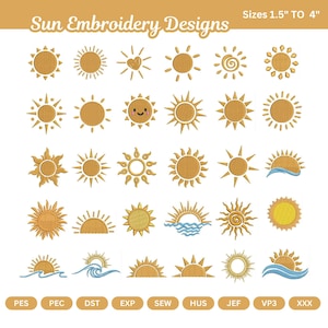 May include: A collection of thirty-four sun embroidery designs in various styles, including full suns, suns with faces, and suns over waves. The text "Sun Embroidery Designs" and "Sizes 1.5" TO 4"" appears at the top, with file formats listed below.