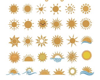 Mini-Sonnen-Stickmuster, Sonnenwellen-Stickerei, Sonnenschein-Sonnenaufgang-Sonnenuntergang-Stickdateien (PES/DST)