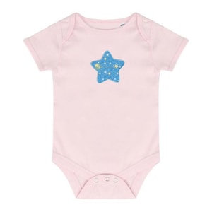 May include: A light pink baby onesie with short sleeves. The onesie features a blue star applique with a pattern of yellow stars. The onesie has snap closures at the bottom for easy diaper changes. The garment is made of soft material.