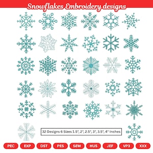 Pode incluir: Uma coleção de 32 desenhos de bordado de flocos de neve verde-azulados dispostos em uma grade. O texto diz Snowflakes Embroidery designs e 32 Designs 6 Sizes 1.5", 2", 2.5", 3", 3.5", 4" Inches. Os formatos PEC, EXP, DST, PES, SEW, HUS, JEF, VP3, XXX estão listados.