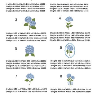 May include: A collection of eight embroidery designs featuring blue hydrangea flowers with green stems and leaves. Each design varies in size, with the largest measuring 8 inches in height and 5.93 inches in width.