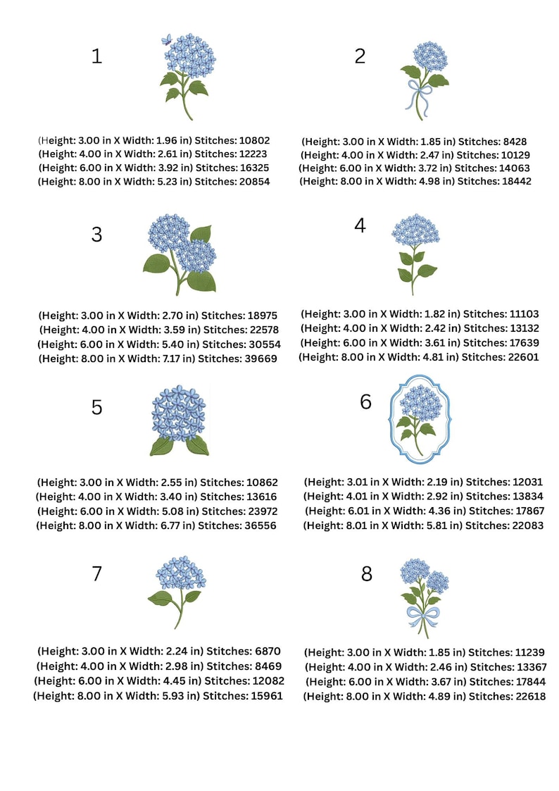 May include: A collection of eight embroidery designs featuring blue hydrangea flowers with green stems and leaves. Each design varies in size, with the largest measuring 8 inches in height and 5.93 inches in width.