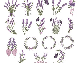 Lavendel-Vintage-Stickmuster-Set, Maschinendateien für floralen Kranzrahmen, florale Schmetterlingsmotive (PES/DST)