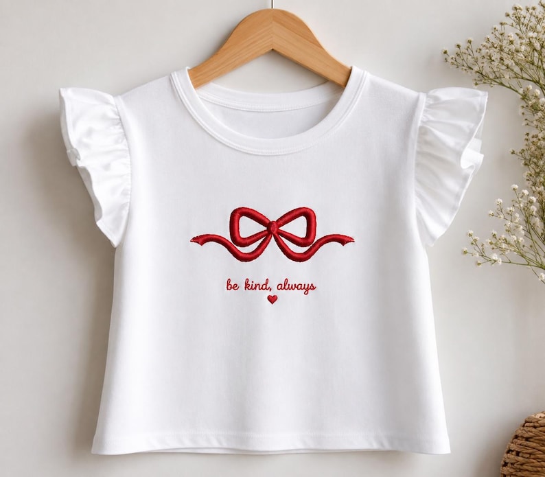 May include: A white short-sleeved t-shirt with ruffled sleeves and a crew neckline. The center features an embroidered red ribbon bow graphic above the red text "be kind, always" and a small red heart icon centered below the text.