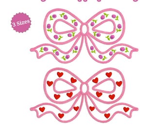 Girly Bow Applique Embroidery with Roses and Hearts, Baby Embroidery Designs (Instant download)