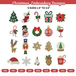 Puede incluir: Una colección de diseños de bordado navideño que incluye iconos como un árbol, calcetín, bastón de caramelo, regalo, flor de pascua, muñeco de nieve, corona, adorno, copa de vino, reno, cascanueces, galletas, bola de nieve, gorro y taza.