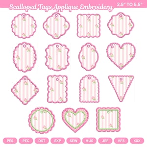 May include: A collection of fourteen scalloped tags for machine embroidery, featuring a pink and white vertical striped pattern with small floral accents. Each tag includes a circular hole for hanging and measures between 2.5 to 5.5 inches.