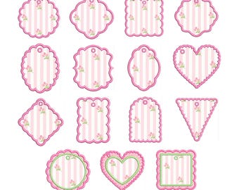 Tag Embroidery Design Bundle, Tags Applique Machine Files, Scalloped Bag Tag, Shape Name Tags PES