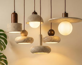 Wabi-Sabi Travertine & Wood 3-Head Pendant Light – Japandi Minimalist Chandelier For Dining Room, Kitchen Island, Or Bedroom