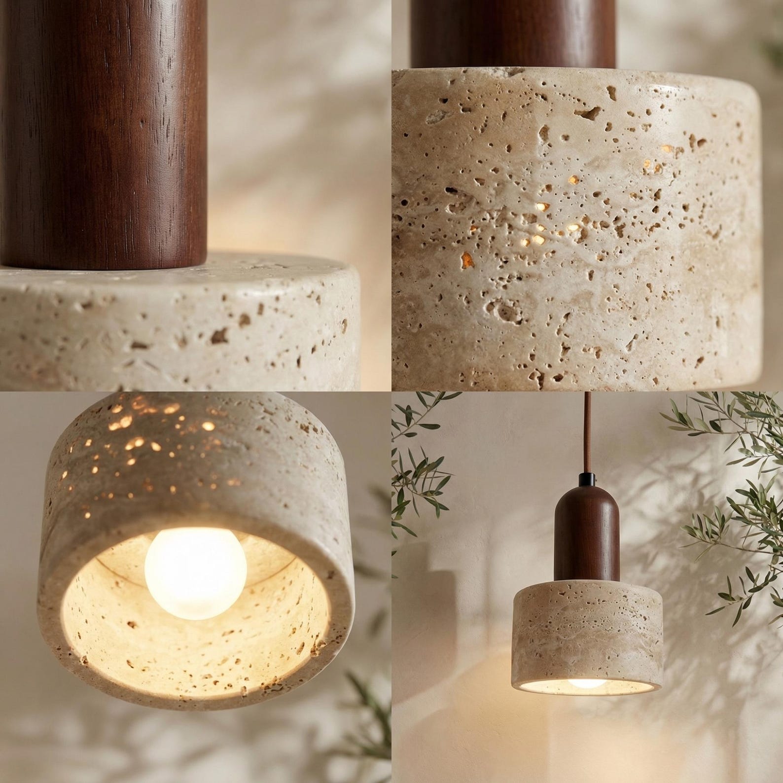 Wabi Sabi Travertine Pendant Light: Minimalist Stone Wood Hanging Lamp ...