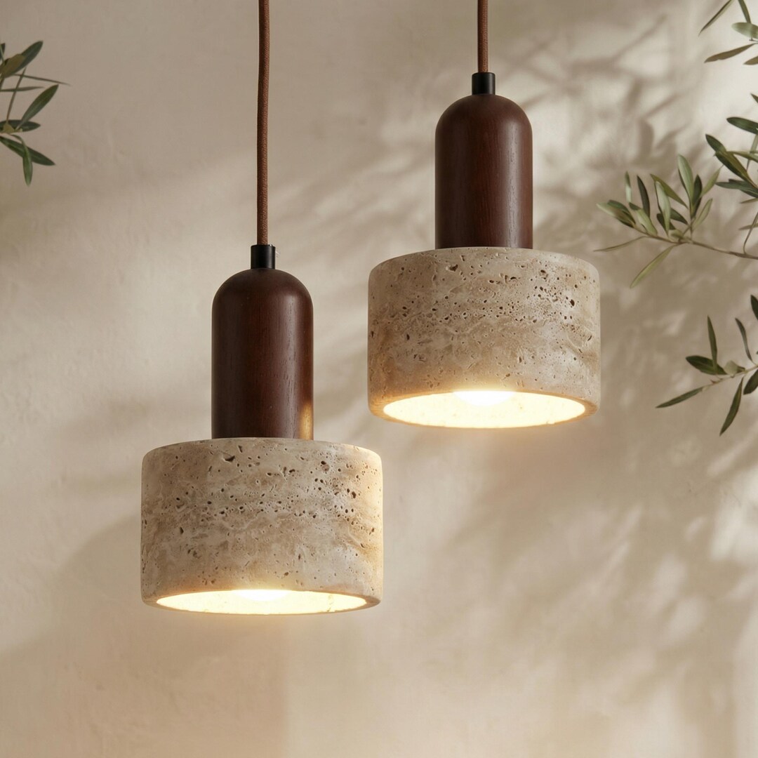 Wabi Sabi Travertine Pendant Light: Minimalist Stone Wood Hanging Lamp ...