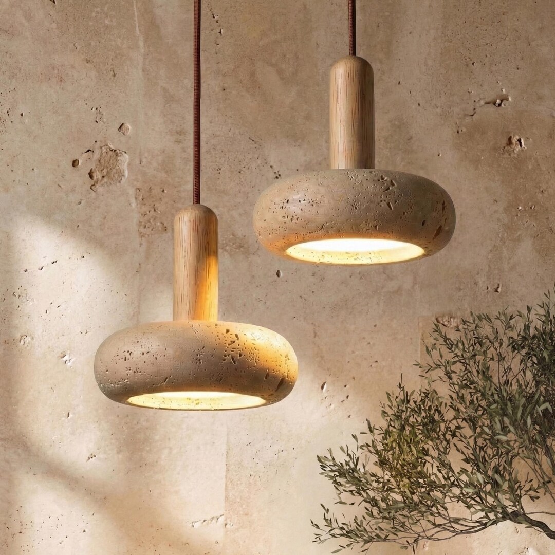 Wabi Sabi Travertine Pendant Light: Minimalist Stone & Wood Hanging ...