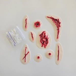 以下が含まれることがあります： 赤色の血のディテールが施された、肌色のラテックス製のリアルな傷跡のコレクション。このセットには、さまざまな切り傷、裂傷、擦り傷と、小さな透明なビニール袋が含まれています。ハロウィーンや特殊効果に最適です。