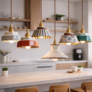 Handgeschilderde vintage stijl keramische hanglamp koperen fitting keukeneiland lamp