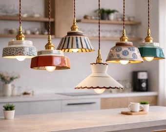 Hand Painted Vintage Style Ceramic Pendant Light Copper Socket Kitchen Island Lamp