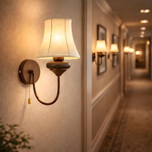 Puede incluir: Aplique de pared con pantalla color crema y base de metal color bronce. El aplique tiene una cadena y está montado en una pared texturizada. Varios apliques similares bordean un pasillo.