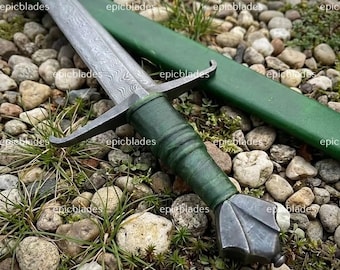 Ręcznie robiony miecz Falchion ze stali damasceńskiej – niestandardowe ostrze leśne ze średniowiecznego drewna z rękojeścią i pochwą owiniętą skórą