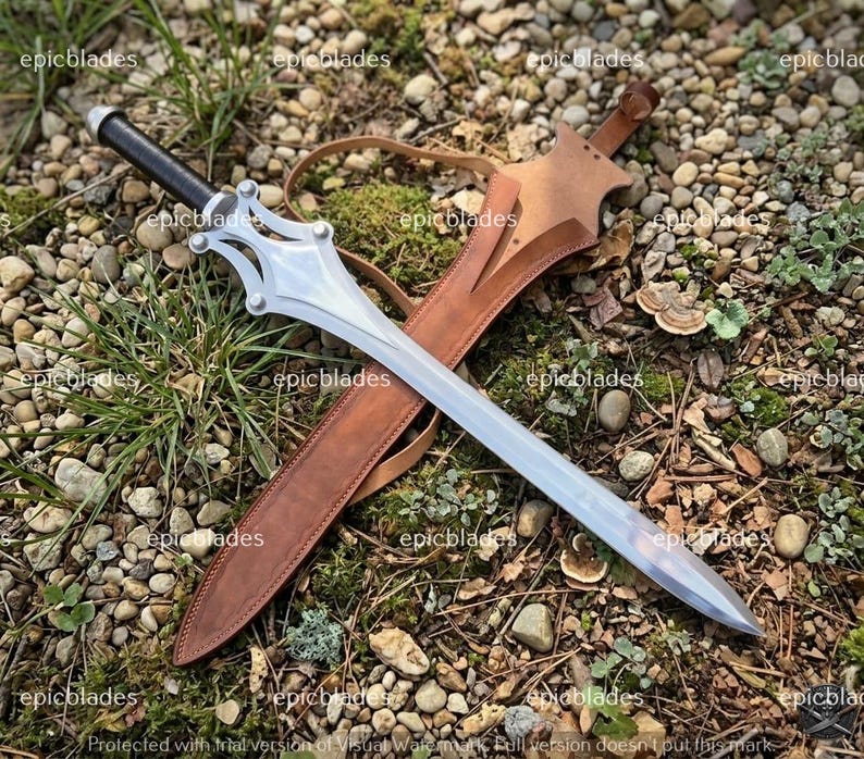 May include: A silver-colored metal sword with a black handle and a complex, multi-pointed crossguard. The sword is accompanied by a tan leather scabbard featuring a matching leather strap. The word epicblades is repeated across the image.