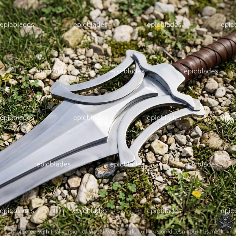May include: A silver-colored metal sword featuring a complex, multi-curved guard design and a brown leather-wrapped handle. The blade has a central ridge and a polished finish. The word epicblades is repeated across the image as a watermark.