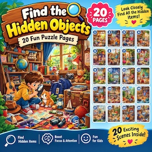 May include: A Find the Hidden Objects activity book with 20 puzzle pages. The cover features a cartoon child with a magnifying glass and a kitten in a room filled with toys, books, and a globe. The text reads Find the Hidden Objects 20 Fun Puzzle Pages.