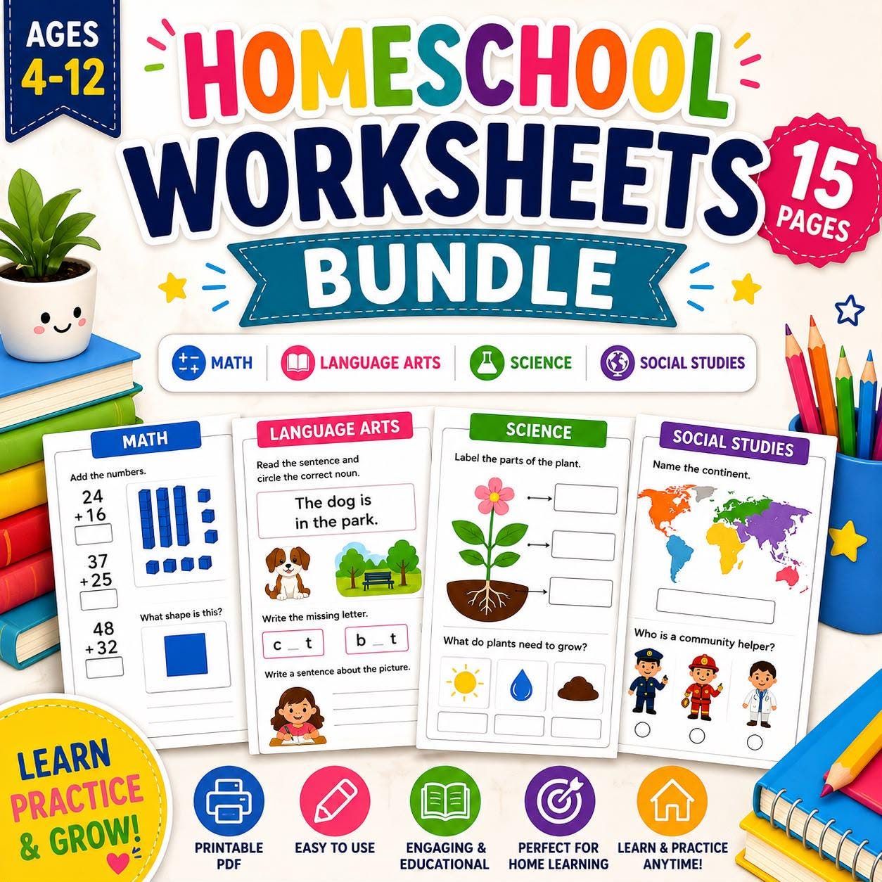 Homeschool Worksheets Bundle Ages 4-12 - Math, Language Arts, Science (Printable PDF)