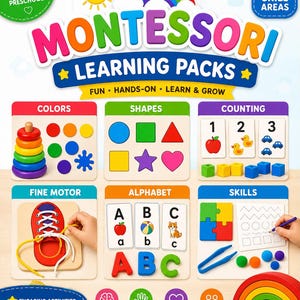 Pode incluir: Um conjunto de pacotes de aprendizagem Montessori com seis áreas de competências educativas, incluindo cores, formas, contagem, motricidade fina, alfabeto e habilidades. Inclui puzzles de madeira, cartões com letras e números e um arco-íris.