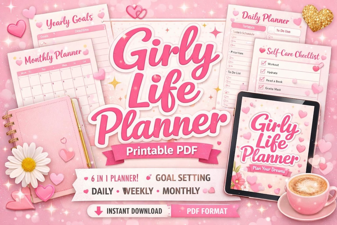 Girly Life Planner Printable PDF | Daily, Weekly, Monthly Schedule ...