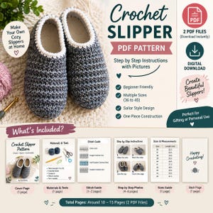 May include: A digital PDF pattern for crochet slippers featuring dark grey yarn with white trim. The document includes step-by-step instructions, a stitch guide, and a size chart for sizes 36 to 45. The text includes Crochet Slipper PDF Pattern.