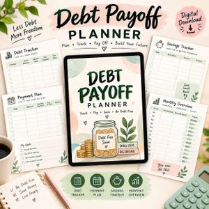 May include: A digital debt payoff planner set featuring a tablet displaying a jar of coins and the text Debt Payoff Planner. Includes printable pages for debt tracking, payment plans, savings tracking, and monthly overviews with soft green accents.