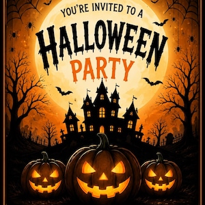 May include: A Halloween party invitation poster featuring a large orange full moon, a dark silhouette of a haunted castle, and three glowing jack-o'-lanterns. The text reads: YOU'RE INVITED TO A HALLOWEEN PARTY and SOMETHING SPOOKTACULAR AWAITS YOU!