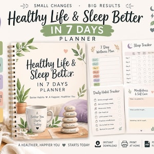 May include: A spiral-bound planner titled Healthy Life & Sleep Better in 7 Days Planner, featuring a cover with a potted plant and a mug that says A Better You Starts Today. Includes pages for a 7-day wellness plan, sleep tracker, and habit tracker.