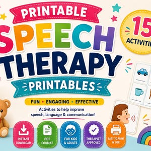 May include: A colorful graphic featuring the text PRINTABLE SPEECH THERAPY PRINTABLES with 15 ACTIVITIES. It includes illustrations of a teddy bear, markers, alphabet blocks, a rainbow arch, and flashcards showing an apple, dog, and various objects.