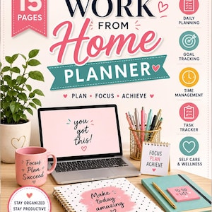 May include: A Work From Home Planner with 15 pages, featuring a laptop displaying 'you got this!', a pink mug with 'Focus Plan Succeed', a gold pen holder, a spiral notebook with 'Make today amazing', and a teal journal with a 'TO DO LIST' note.