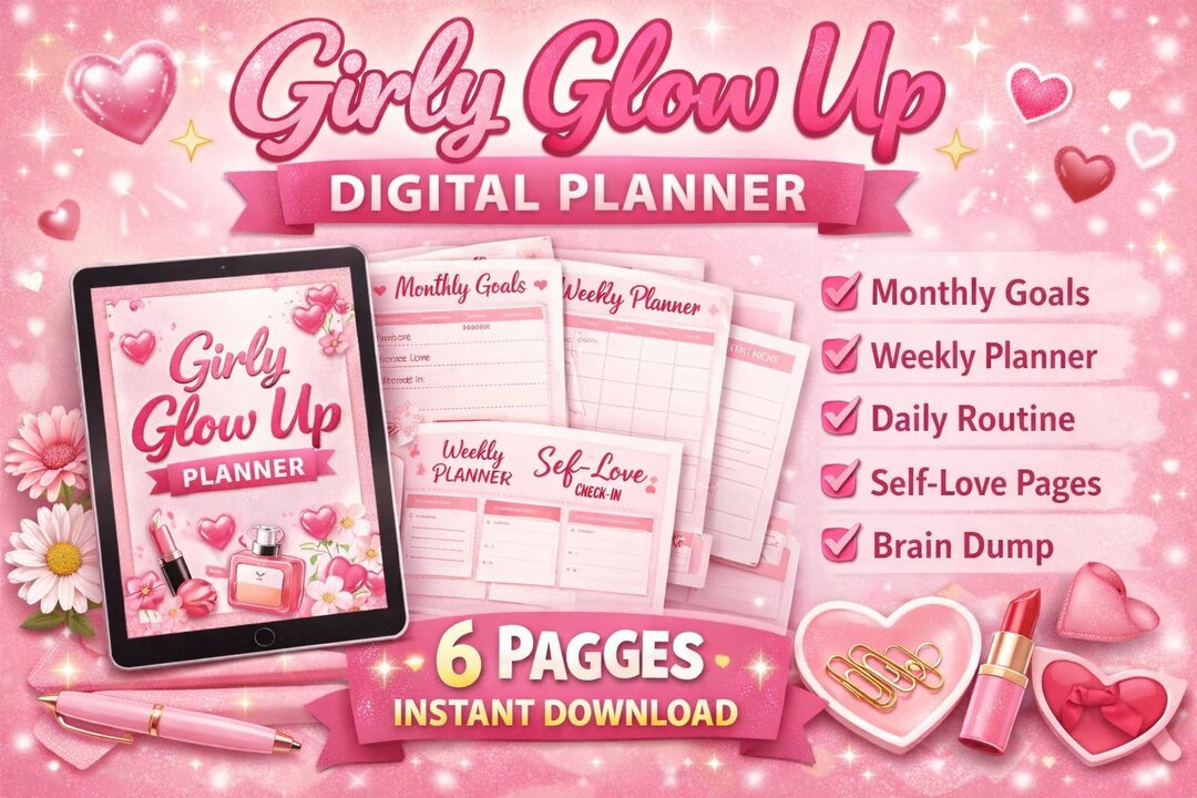 Girly Glow up Digital Planner | Pink Self-love, Productivity (PDF ...