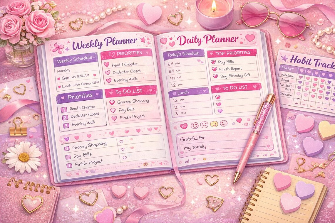 Girly Life Planner Printable PDF | Daily Weekly Monthly Planner | Self ...