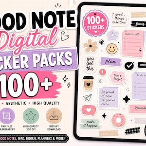 May include: A digital sticker pack for tablets featuring over 100 individual stickers displayed on a screen. The stickers include various shapes, icons, and text phrases like good things take time, note to self, and to do list in pink and purple.