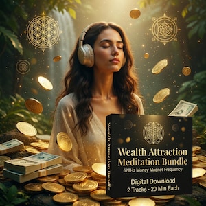 Puede incluir: Una mujer con auriculares está rodeada de monedas de oro y billetes. La imagen presenta una caja negra con el texto "Wealth Attraction Meditation Bundle" y detalles sobre la descarga digital. El fondo incluye una cascada y formas geométricas doradas.