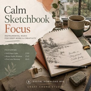 以下が含まれることがあります： Calm Sketchbook Focusというタイトルのインストゥルメンタル音楽のデジタルダウンロードMP3アルバム。カバーアートには、鉛筆、消しゴム、ゴールドのバインダークリップ、セラミックマグ、ガラスの花瓶が置かれたスパイラル綴じのスケッチブックが描かれています。