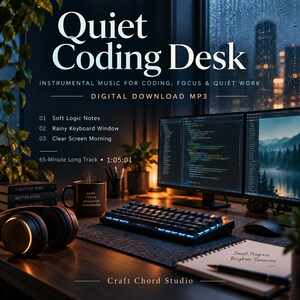 May include: A digital download MP3 titled Quiet Coding Desk featuring instrumental music for focus. The image shows a desk with a computer, keyboard, headphones, a mug with text, and a notebook with the text Small Progress Brighter Tomorrow.