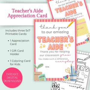 Teacher Aide Appreciation Gift Printable Card Set Digital Download Instant Access Thank You Greeting Design Gift Card Holder Template Teaching Assistant Recognition Present Student Appreciation Activity Coloring Page Included Five By Seven