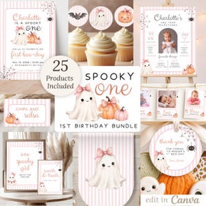 May include: A 25-piece digital birthday party decoration bundle featuring a pink and white striped theme with illustrations of ghosts wearing pink bows and pumpkins. Includes invitations, milestone signs, cupcake toppers, banners, and thank you tags.